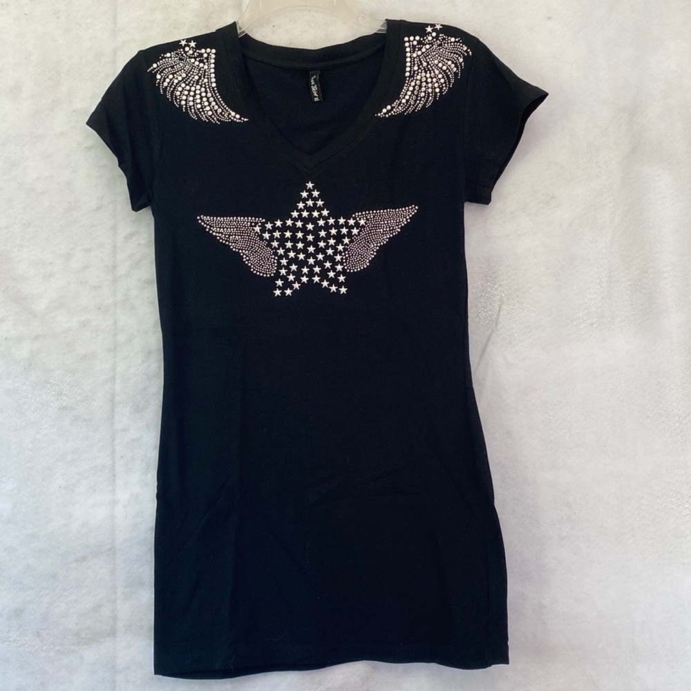 Black Stars And Wings Short Sleeve Bling T-Shirt